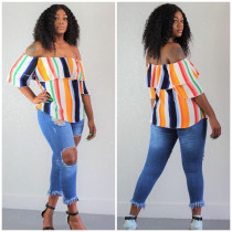 Sexy Striped Ruffles Slash Neck Short Sleeve Tops AWN-5010