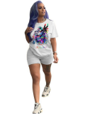 Plus Size Casual Printed Tees And Shorts 2 Piece Sets YH-5073