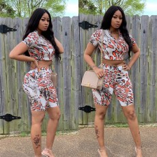 Sexy Leopard Print Zipper Short Sleeve 2 Piece Shorts Set AWN-5014