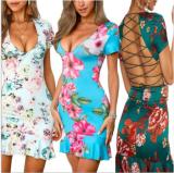Floral Print Sexy Deep V Backless Mini Mermaid Dress BS-1021