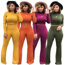 Solid 2pcs Crop Tops And Wide Leg Pants Set ASL-6072
