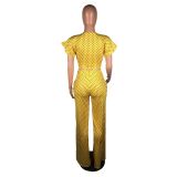 Polka Dot Print Ruffles Tie Up Wide Leg Pants 2 Piece Sets BS-1076