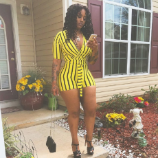 Striped V-Neck Short Sleeve Belt Romper MAE-116