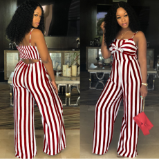 Stripes Straps Cut Out Back Wide Leg Jumpsuit  SMR-8973