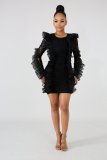 Long Sleeve Ruffles Bodycon Lace Dress LX-3081
