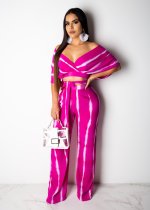 Sexy Striped V Neck Off Shoulder Wide Leg Pants Suit BS-1075
