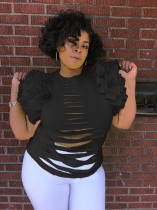 Solid Sleeveless Ruffles Sleeve Holes T Shirt LS-0267