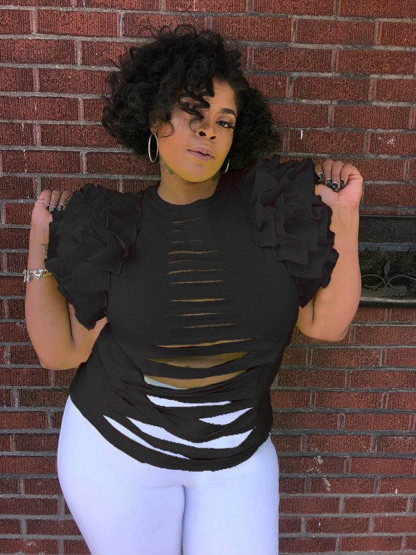 Solid Sleeveless Ruffles Sleeve Holes T Shirt LS-0267