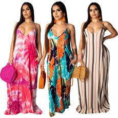 Printed Spaghetti Strap Loose Long Dresses TR-907