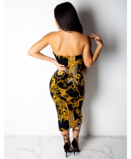 Retro Printed Club Strapless Midi Wrap Dresses QZX-6036