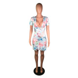 Floral Print Sexy Deep V Backless Mini Mermaid Dress BS-1021