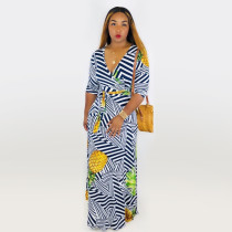 Fashion Printed V Neck Half Sleeve Maxi Dress WSM-5079