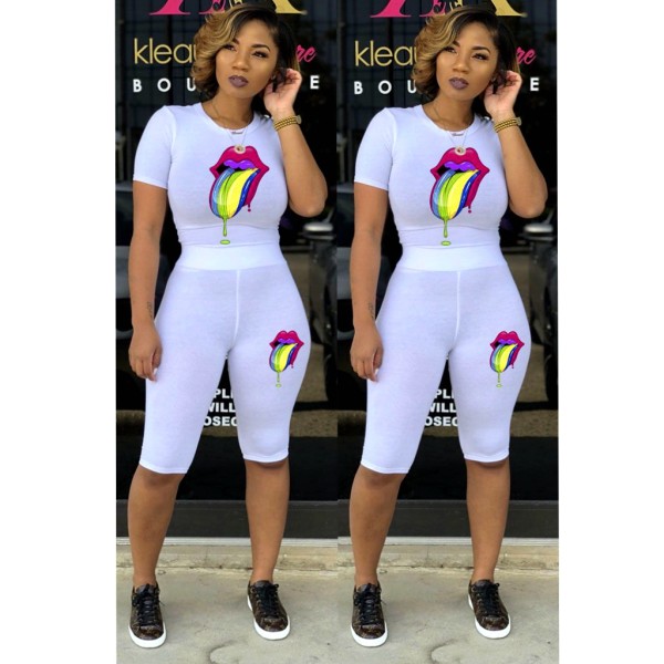 Lips Print Short Sleeve Casual Two Piece Sets LM-8056