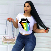 White Lip Print Round Neck Short Sleeve T Shirt QZX-6074