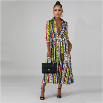 Geometric Print Turndown Collar Button Up Maxi Dress AWN-5036