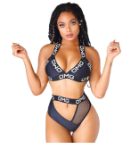 Letter Print Mesh Two Piece Swimsuit LSL-6130