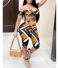 Geometric Print Bow Tie Top Bodycon Shorts Set QZX-6030