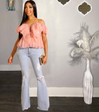 Sexy Mesh Ruffles Off Shoulder Crop Tops LS-0280