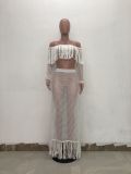 Grid Tassel Off Shoulder Split Long Skirt Sets TR-938