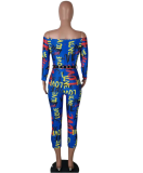 Letter Print Off Shoulder Skinny Jumpsuit QY-5059