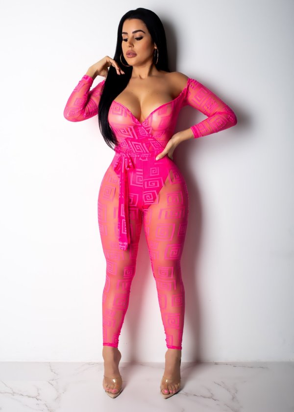 Sexy Mesh See Through Off Shoulder Jumpsuits LA-3083