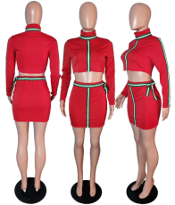 Striped Patchwork Turtleneck Mini Skirt 2 Piece Set WSM-5030