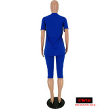 Blue V Neck High Low Tops And Shorts Two Piece Sets YH-5078