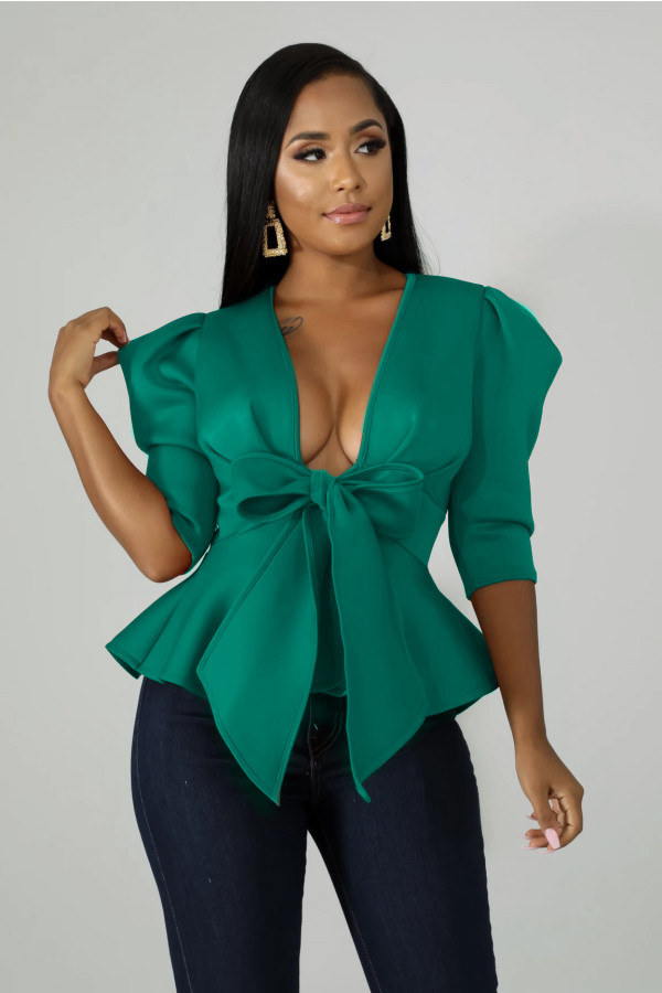 Solid Puff Sleeve Ruffles Bow Tie Peblum Blouse Top WY-6604