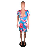 Floral Print Sexy Deep V Backless Mini Mermaid Dress BS-1021