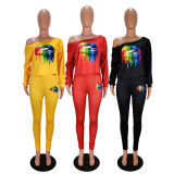 Plus Size Lips Print Oblique Neck Long Sleeve 2 Piece Sets WSM-5100