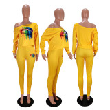 Plus Size Lips Print Oblique Neck Long Sleeve 2 Piece Sets WSM-5100