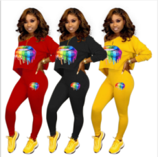 Plus Size Lips Print Oblique Neck Long Sleeve 2 Piece Sets WSM-5100