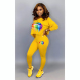 Plus Size Lips Print Oblique Neck Long Sleeve 2 Piece Sets WSM-5100