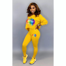 Plus Size Lips Print Oblique Neck Long Sleeve 2 Piece Sets WSM-5100