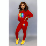 Plus Size Lips Print Oblique Neck Long Sleeve 2 Piece Sets WSM-5100