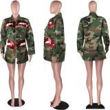 Plus Size Seuqins Lips Print Camo Single-breasted Coat MOF-5109