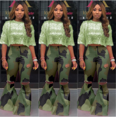 Plus Size Camouflage Ripped Holes Flares Bodycon Pants MOF-5111
