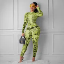 Letter Newspaper Print Long Sleeve Bodycon Jumpsuits MEI-9049