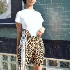 Casual Beading Tassel T Shirt Leopard Shorts 2 Piece Sets BN-9195