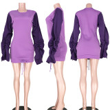 Contrast Color Ruffles Sleeve Drawstring Mini Dresses ASL-6200
