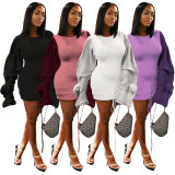 Contrast Color Ruffles Sleeve Drawstring Mini Dresses ASL-6200