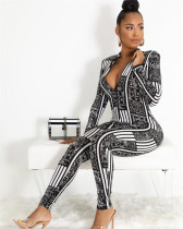 Trendy Printed Long Sleeve Front Zipper Bodycon Jumpsuits NIK-046