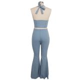Sexy Denim Halter Crop Top Flared Jeans 2 Pieces Suit SMR-9361
