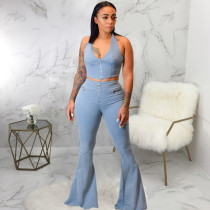 Sexy Denim Halter Crop Top Flared Jeans 2 Pieces Suit SMR-9361