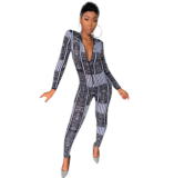 Trendy Printed Long Sleeve Front Zipper Bodycon Jumpsuits NIK-046