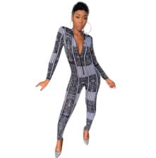 Trendy Printed Long Sleeve Front Zipper Bodycon Jumpsuits NIK-046