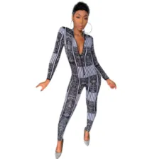 Trendy Printed Long Sleeve Front Zipper Bodycon Jumpsuits NIK-046