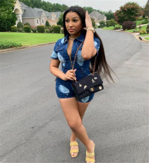 Casual Denim Short Sleeve Zipper Bodycon Jeans Playsuits LA-3132