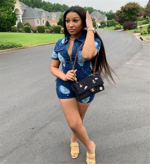 Casual Denim Short Sleeve Zipper Bodycon Jeans Playsuits LA-3132