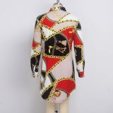 Plus Size Chain Print Turndown Collar Long Sleeve Shirt Dress SMR-9374